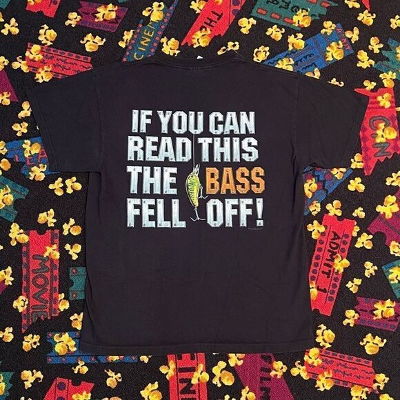 Buck Wear ‘The Bass Fell Off!’ Front & Back Black Graphic Tee Shirt / Size M - Picture 2 of 5